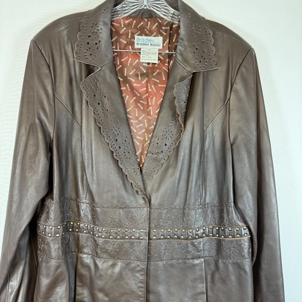 Bradley Bayou‎ Brown Leather Laser Cut Studded Jacket Womens Size XL